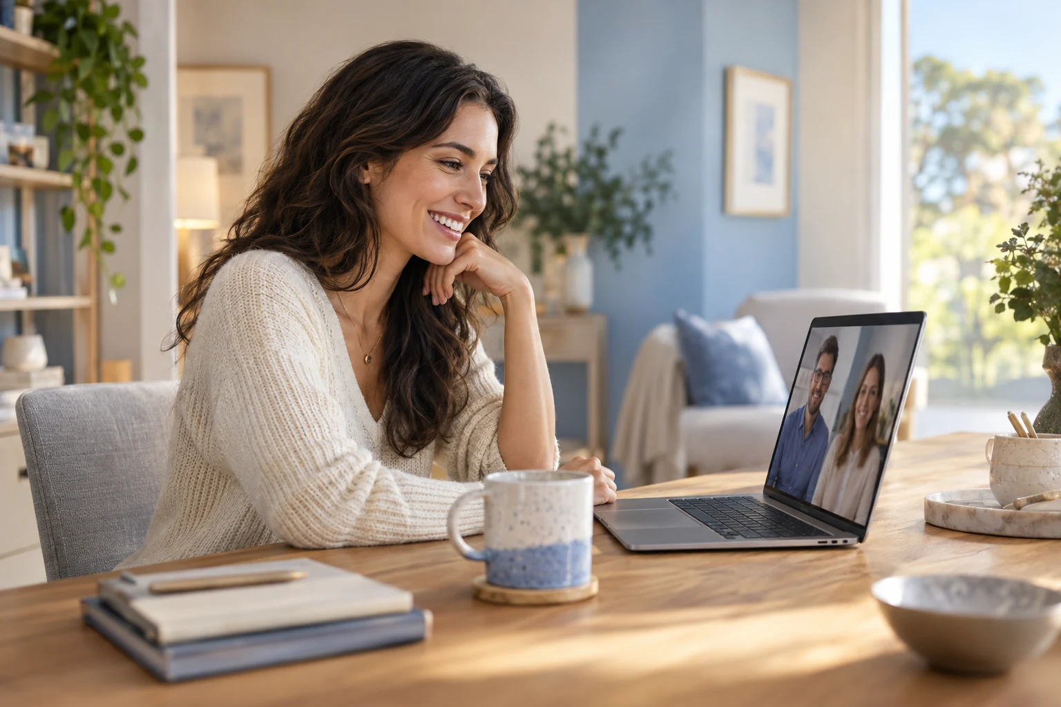 Illustrative Szene: eine lächelnde Frau spricht am Laptop mit zwei Menschen, in einem hellen Arbeitszimmer.